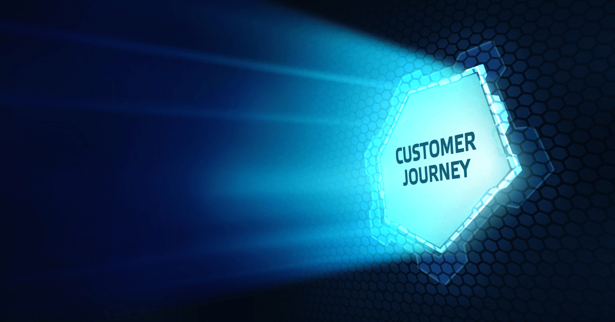 A dynamic representation of the customer journey, with a glowing hexagon and the text "CUSTOMER JOURNEY" radiating light on a dark background with a hexagonal grid pattern.