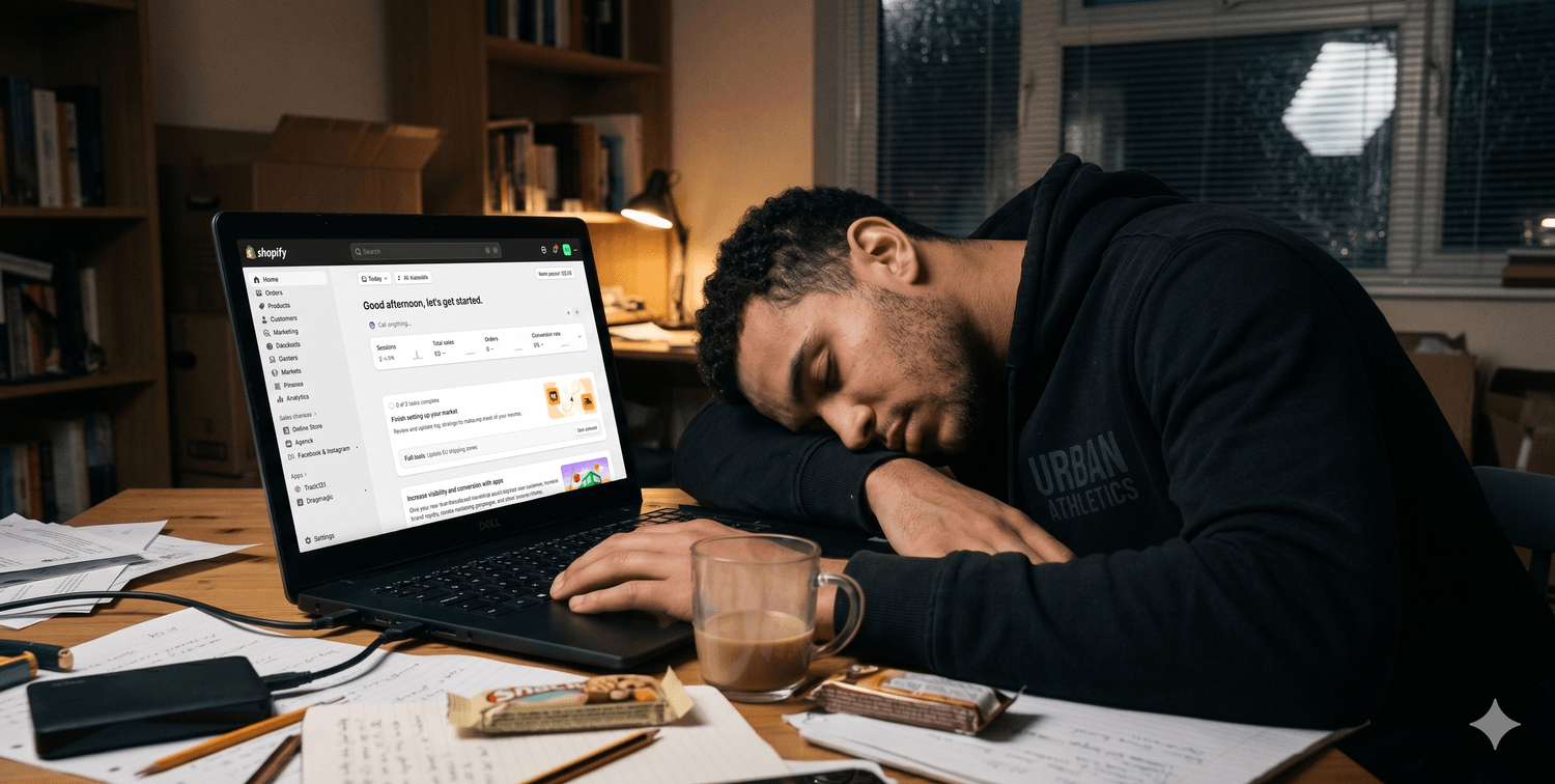Bureau d'un débutant e-commerce tard le soir, laptop ouvert sur l'admin Shopify