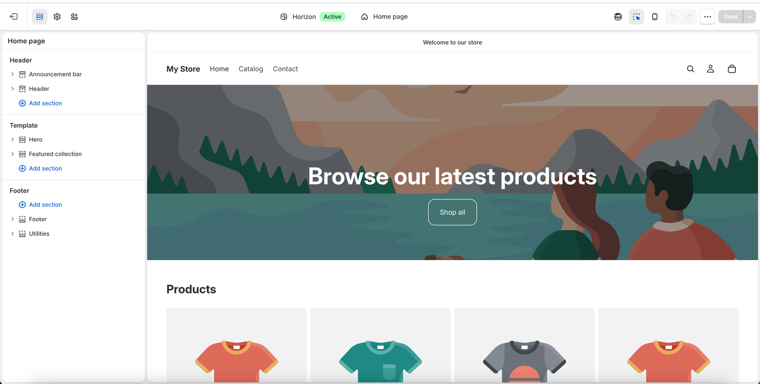 Capture de l'éditeur de thème Shopify à moitié configuré