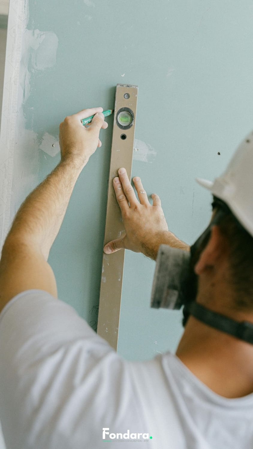 Plaquiste mesurant avec niveau horizontal — développer activité artisan plaquiste rénovation France