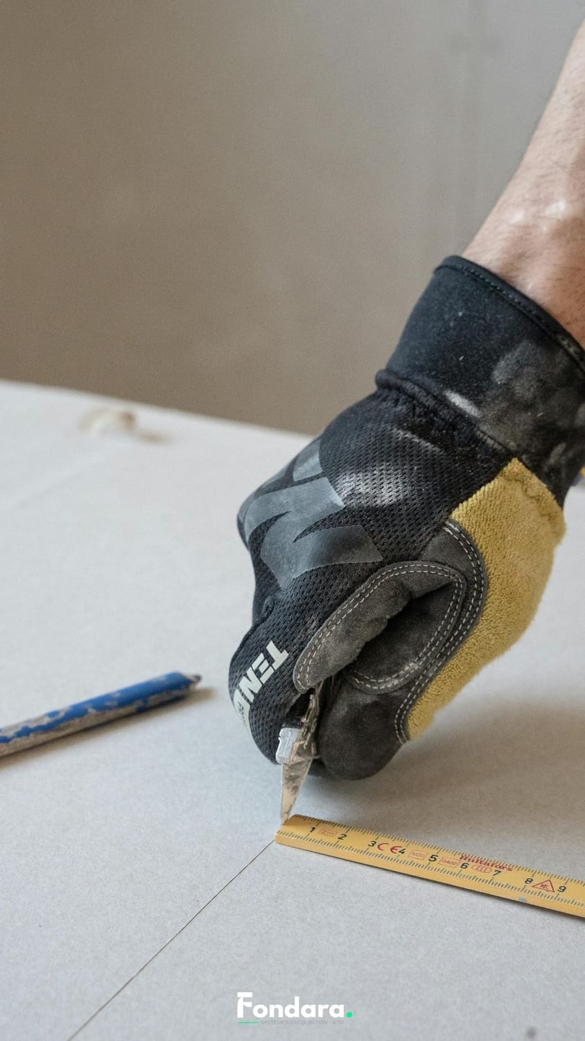 Plaquiste mesurant avec gants noirs — qualité artisan bâtiment avis Google