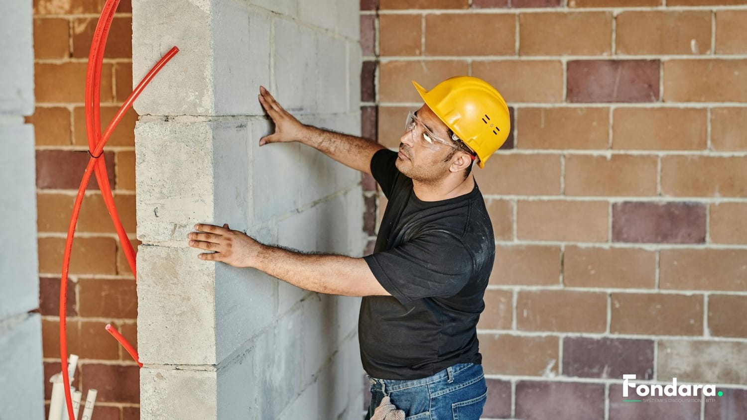 Maçon construisant un mur en parpaing — entreprise bâtiment conversion devis chantiers signés