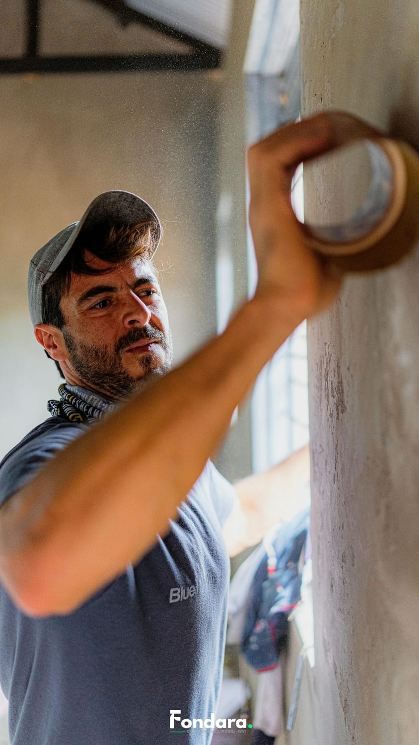 Artisan ponceur avec poussière au travail — image professionnelle artisan bâtiment développement commercial