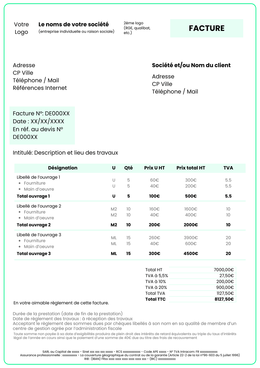 Modèle de facture artisan du bâtiment avec les mentions obligatoires