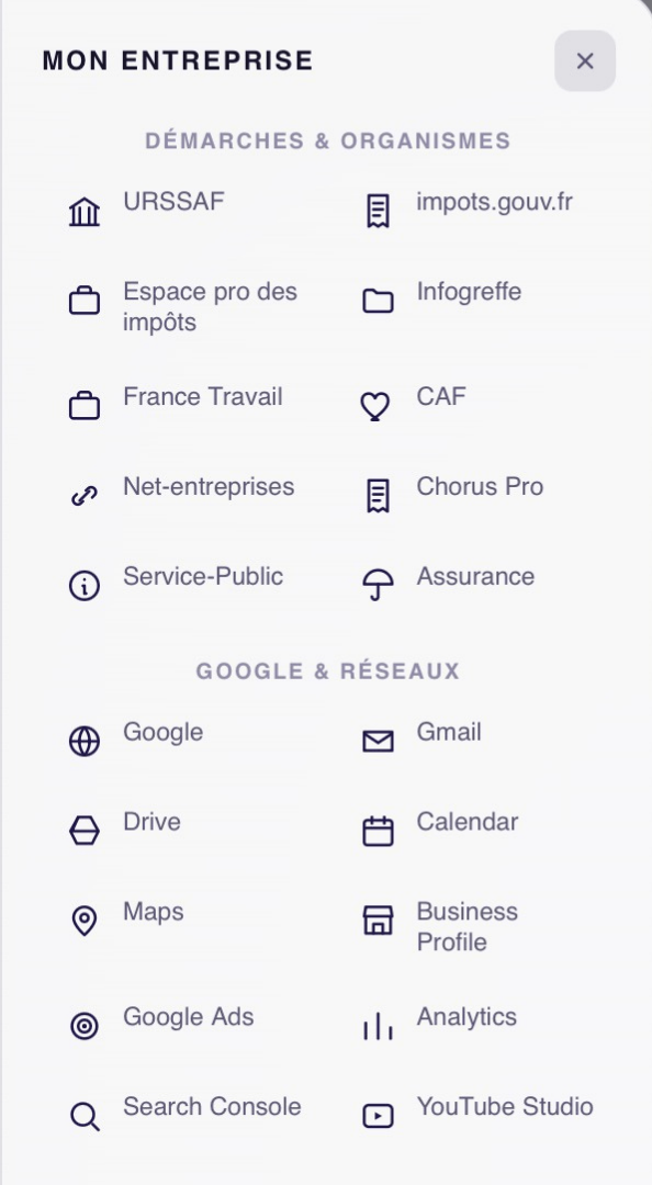 Panneau Mon entreprise ouvert avec les raccourcis administratifs et liens rapides