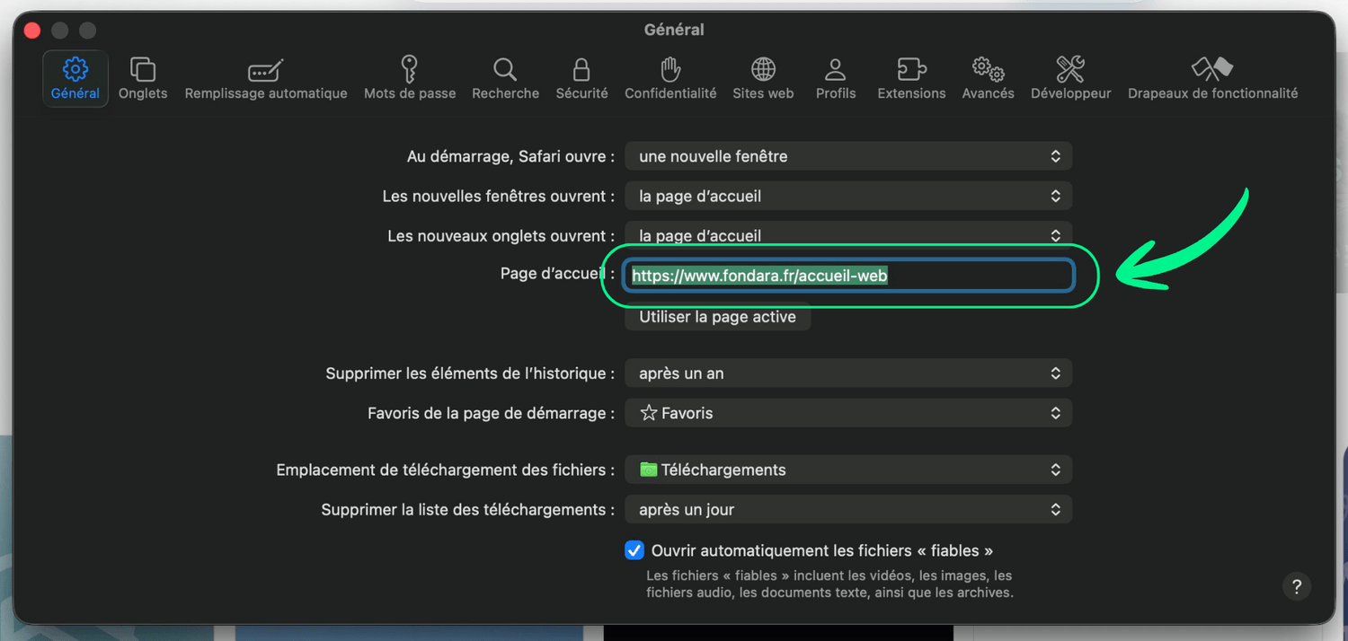 Fenêtre Général de Safari avec le champ Page d'accueil à modifier