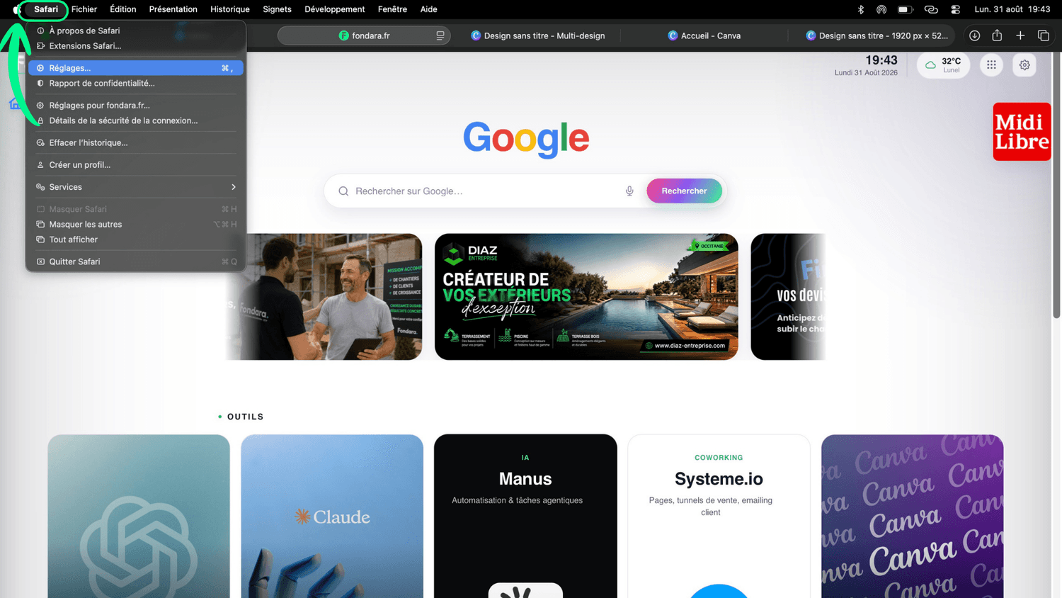 Menu Safari ouvert sur l'option Réglages pour configurer la page d'accueil
