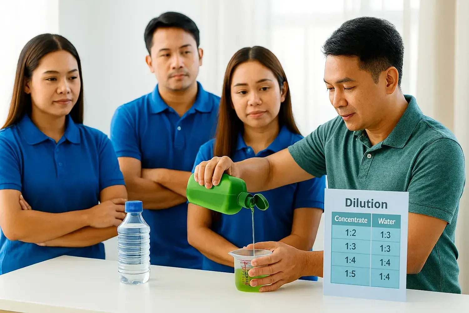 Training staff on proper cleaning supply usage in a Filipino cleaning business.