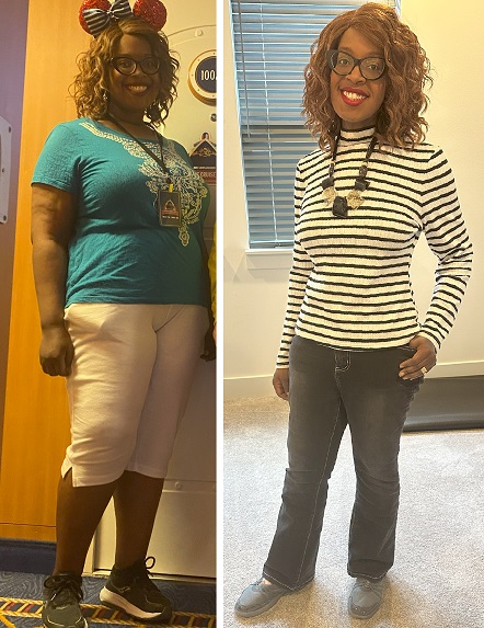 Before and after photos showcasing a 96-pound weight loss