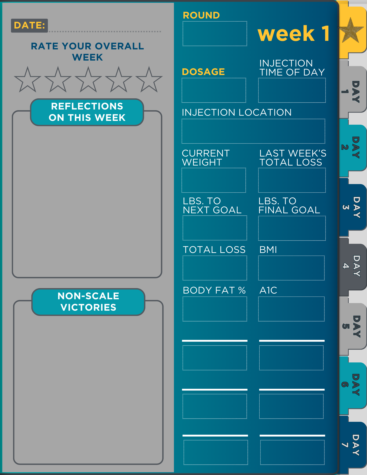 Week 1 Stats Page. Features places to fill in the user's stats for the week, rate their overall week, and list any non-scale victories. Multicolored tabs along the right edge of the journal feature interactive navigation links that take the user to the journal index and the daily tracking page for each of the 7 days in the current week.