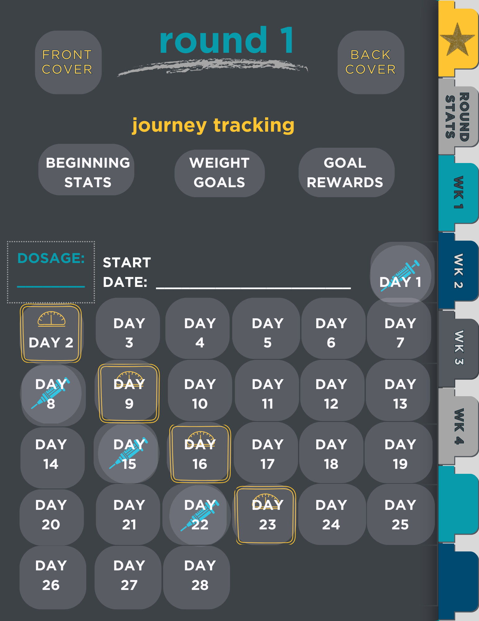 Round 1 Index Page. Features interactive navigation links that take the user to each day of the 28-day round; the beginning stats, goals page and rewards page; the front and back covers; and a place to fill in the current dosage and start date of the round. Multicolored tabs along the right edge of the journal feature interactive navigation links that take the user to the journal index, the stats for the current round; the stats page for each of the 4 weeks in the current round.