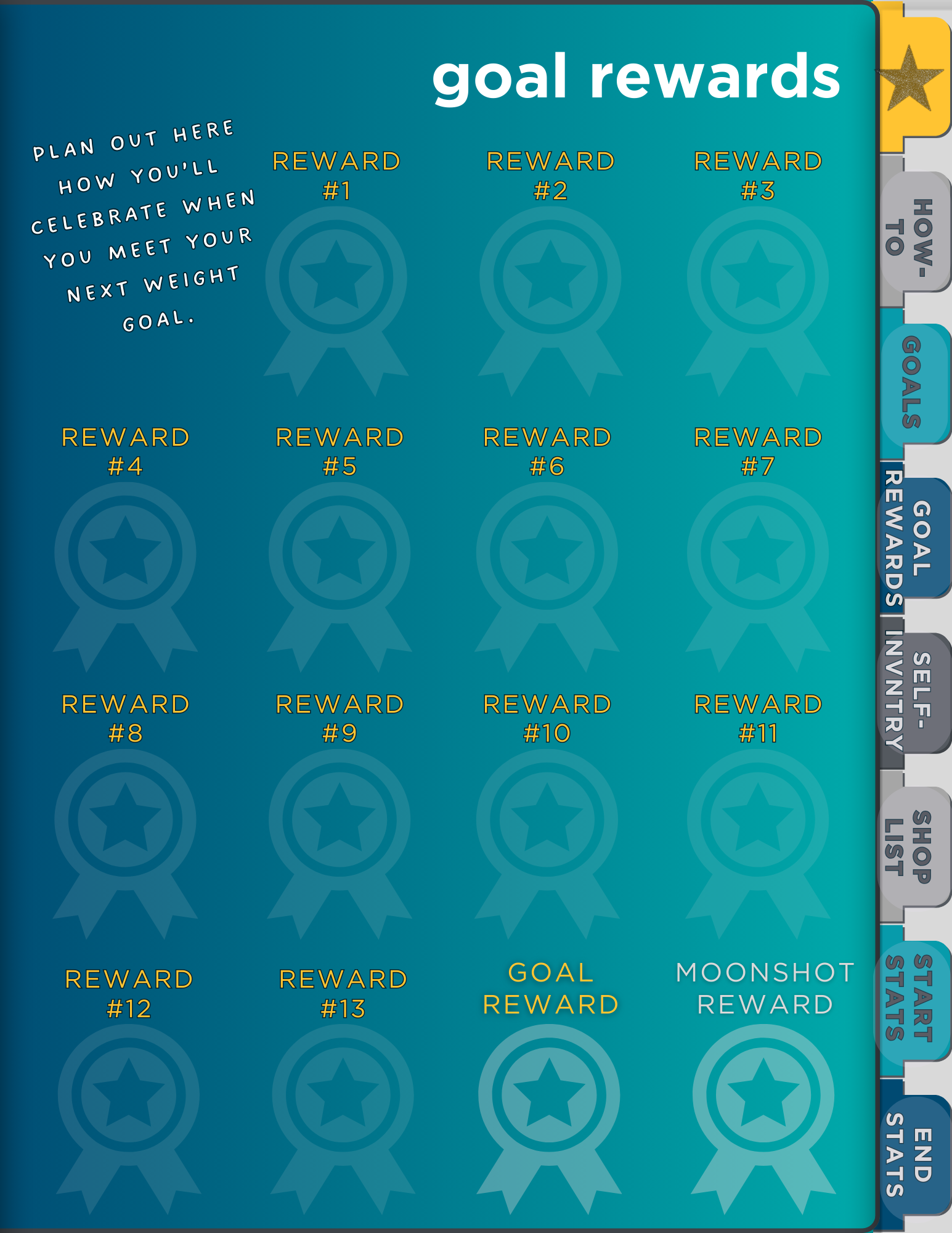 Goal Rewards Page. Features award ribbon icons where the user can input rewards they plan to give themselves to celebrate reaching their goals, as well as two icons specifically for rewards for the user's ultimate goal weight and their "moonshot" goal weight. Multicolored tabs along the right edge of the journal feature interactive navigation links that take the user to the index, instructions, starting and ending stats page, goals, rewards, and shopping list.