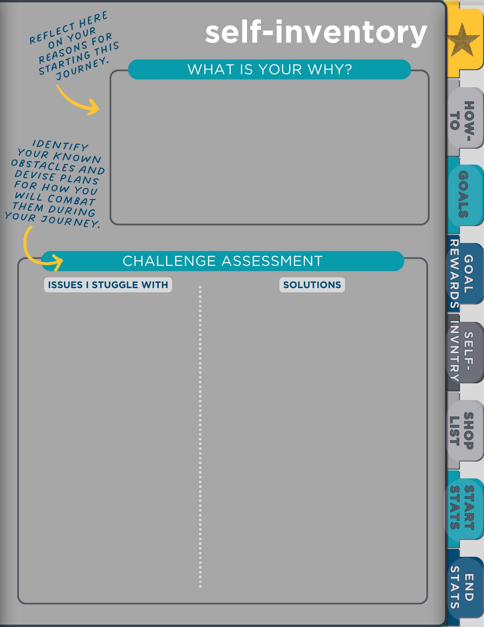 Self-Inventory Page. Features a "What is your why?" section where the user can reflect on why they want to go on this journey; as well as a Challenge Assessment where they can list known struggles that may arise during the journey and brainstorm solutions. Multicolored tabs along the right edge of the journal feature interactive navigation links that take the user to the index, instructions, starting and ending stats page, goals, rewards, and shopping list.