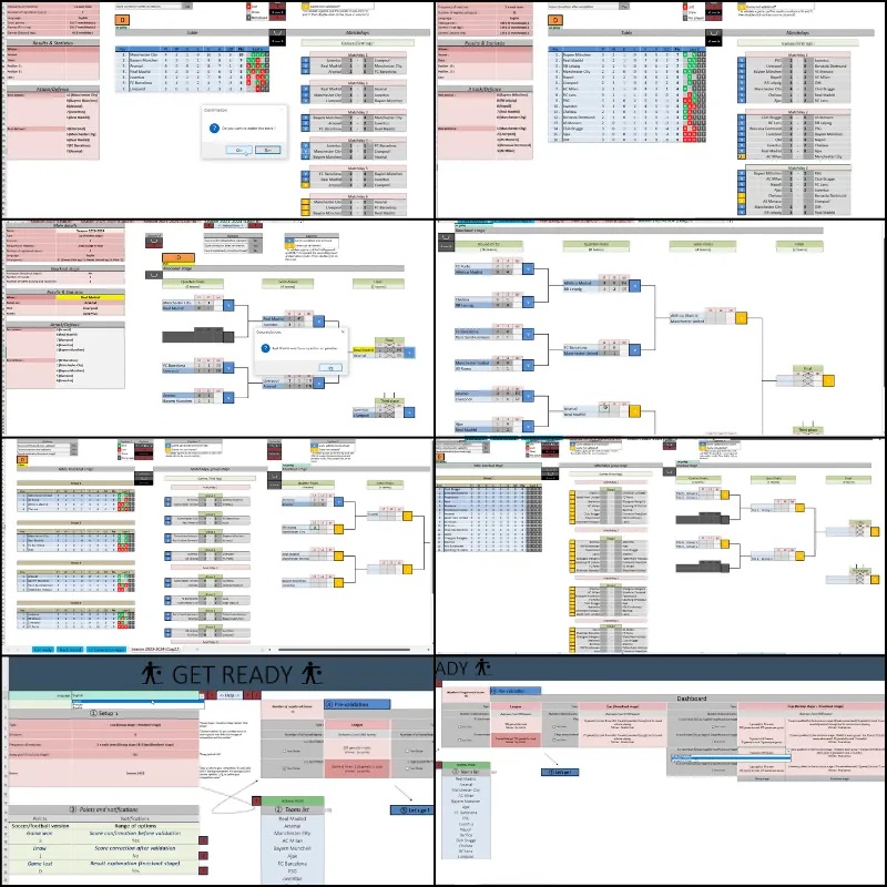 Excel template showing league and tournament simulator with standings, fixtures and brackets