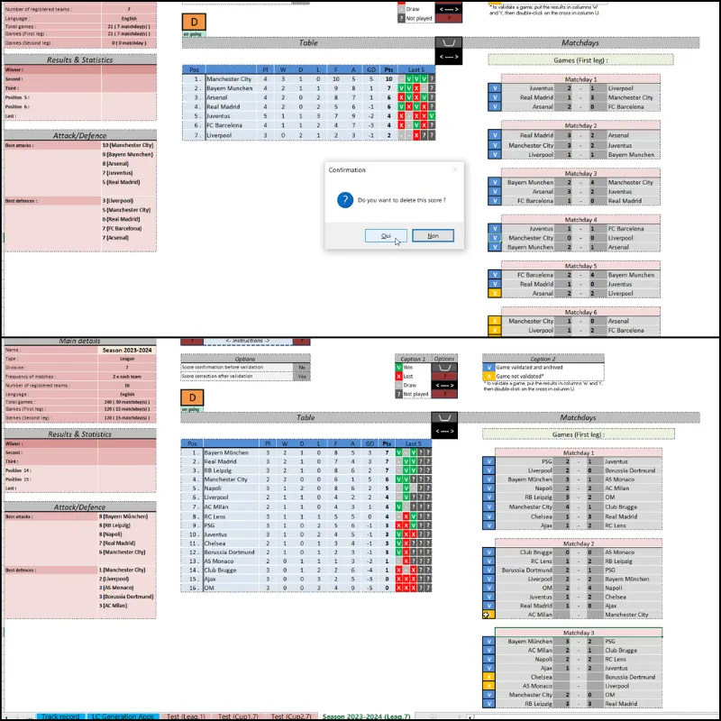 Excel template showing league simulator with standings and fixtures