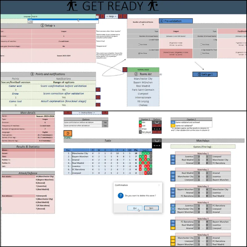 Excel template showing free league simulator with standings and fixtures