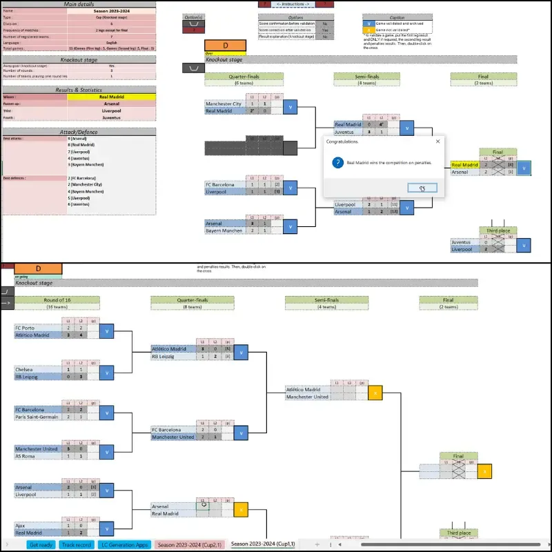 Excel template showing knockout tournament simulator with brackets