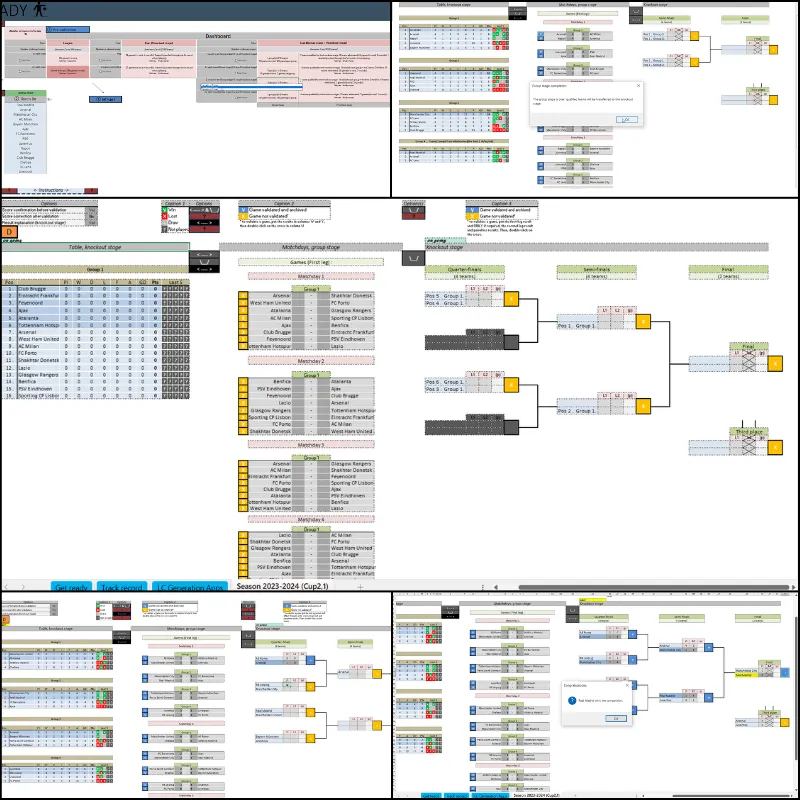 Excel template showing group and knockout tournament simulator with fixtures and brackets