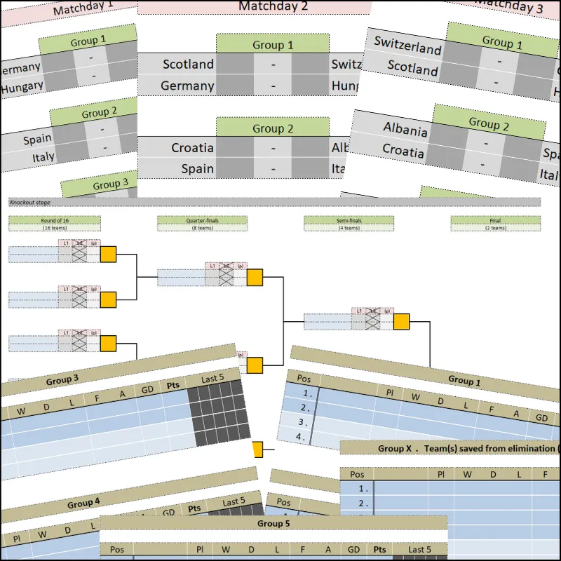 Printable A4 european football tournament bracket and match fixtures preview for 2024 format