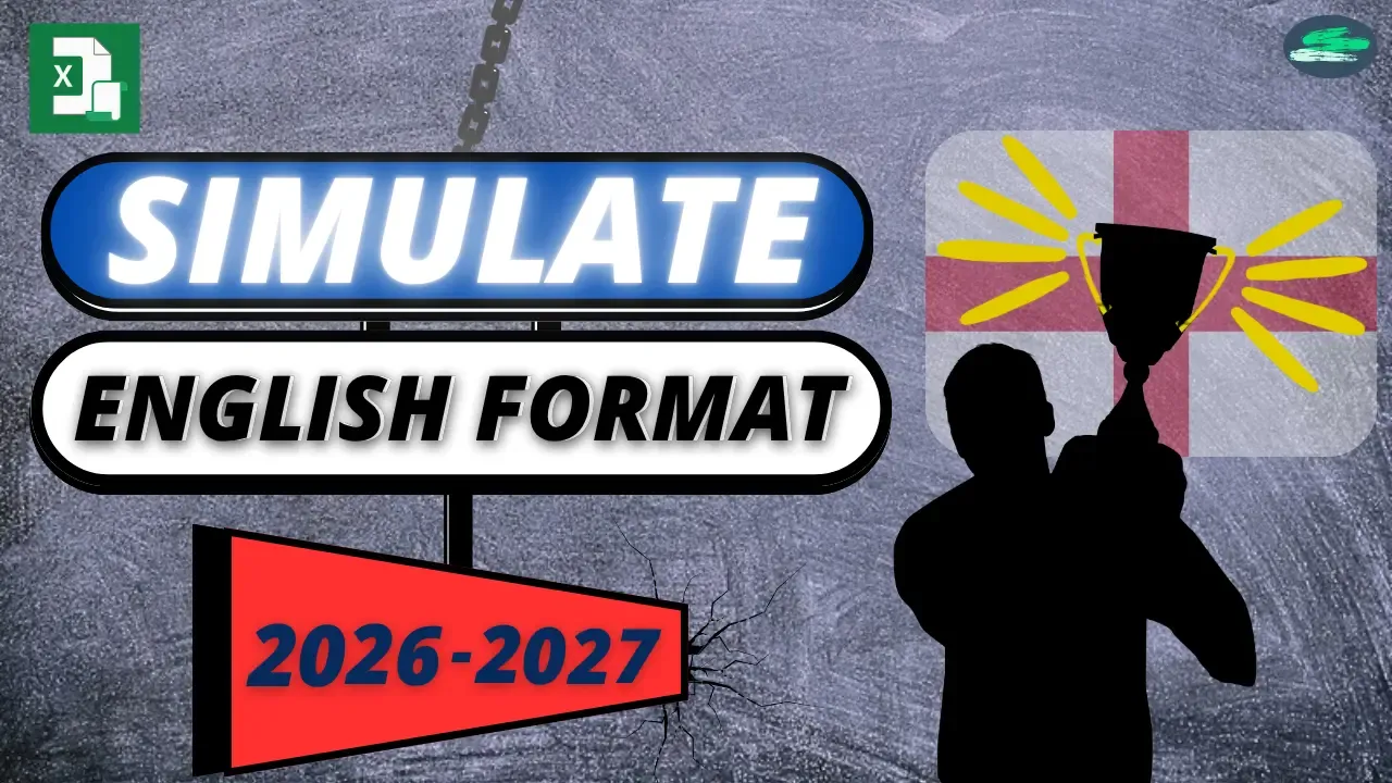 Football league simulator thumbnail showing a player holding a trophy and the text “Simulate English Format 2026–2027”
