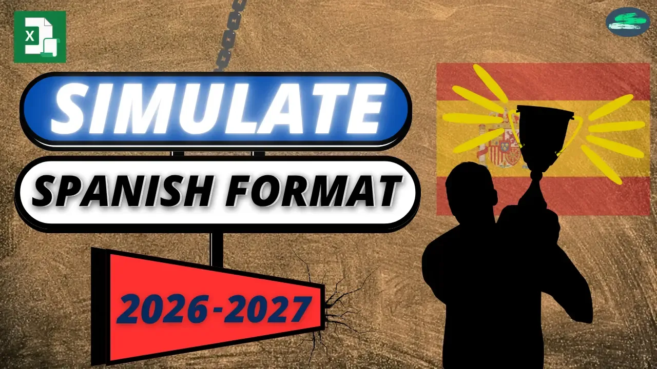 Football league simulator thumbnail showing a player holding a trophy and the text “Simulate Spanish Format 2026–2027”
