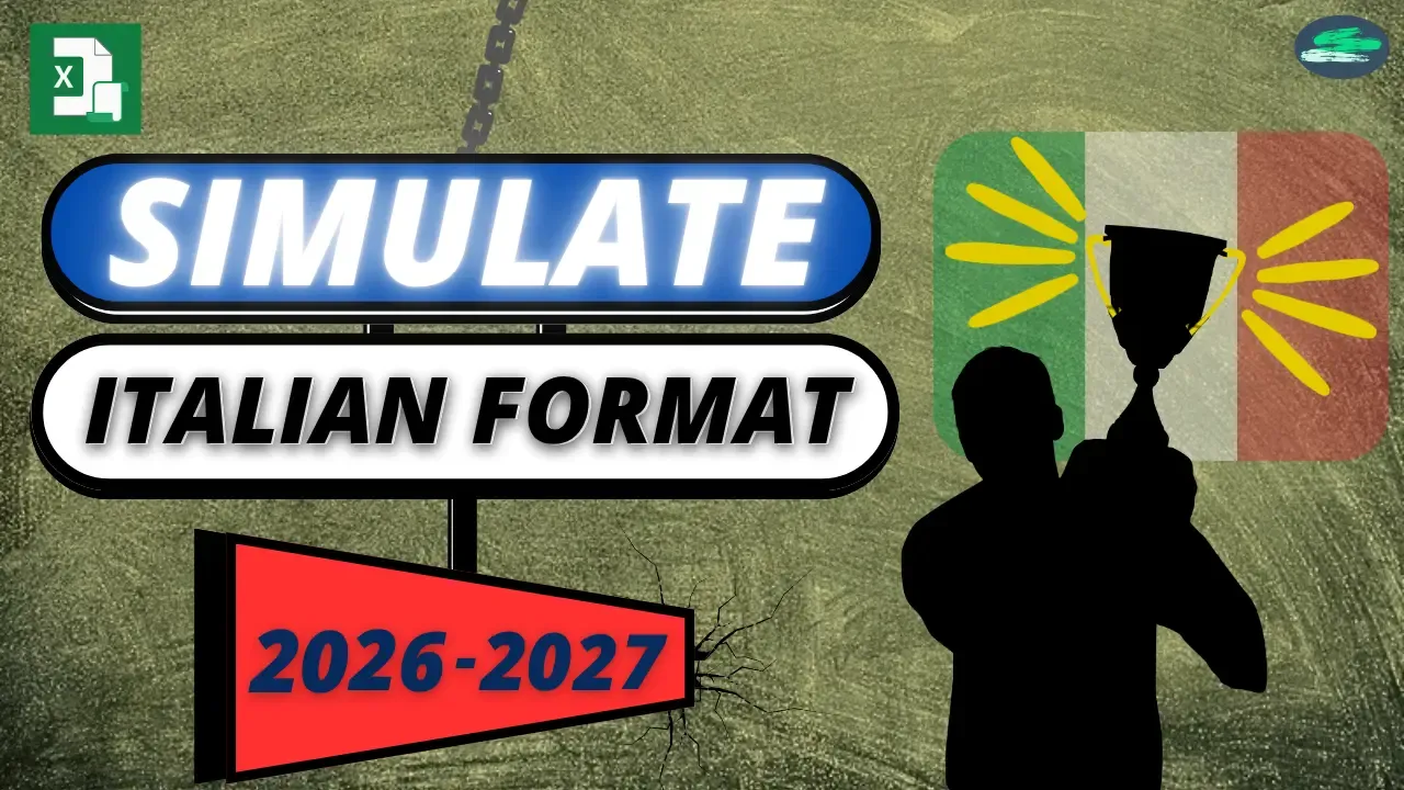Football league simulator thumbnail showing a player holding a trophy and the text “Simulate Italian Format 2026–2027”