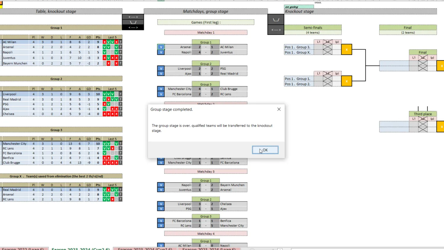 Screenshot of a football tournament with 3 groups, best runner-up qualification and knockout stage bracket