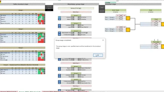 Screenshot of a football tournament with 3 groups, best runner-up qualification and knockout stage bracket