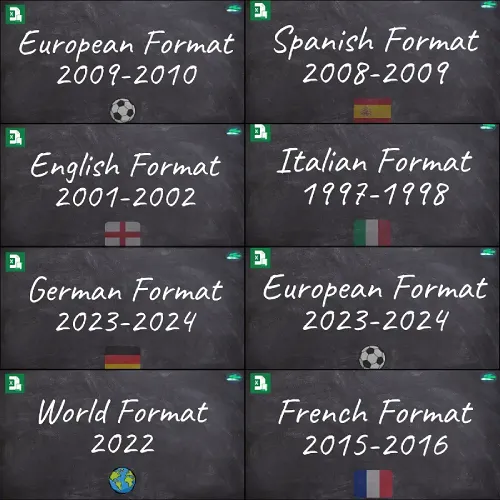 Simulated football league and tournament format thumbnails including England and European formats