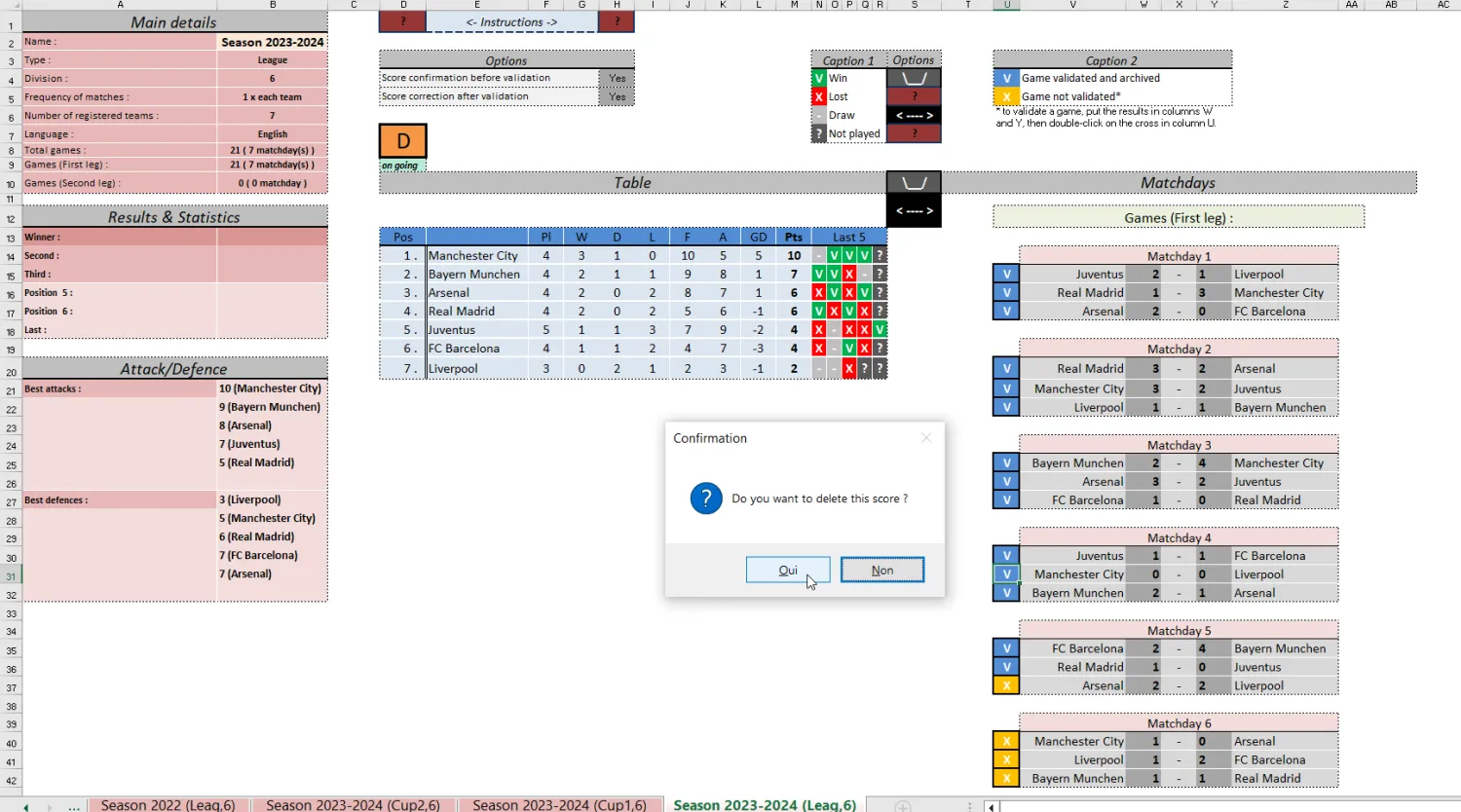 Screenshot of a 7-team football league simulator showing standings, fixtures and a delete score confirmation popup