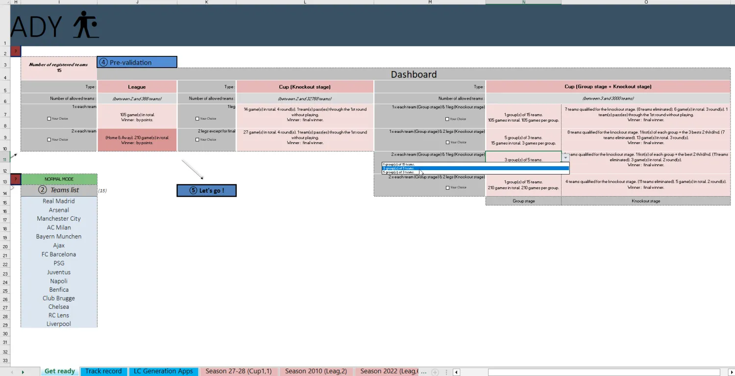 Screenshot of tournament settings with group size, knockout qualification rules and home and away match options