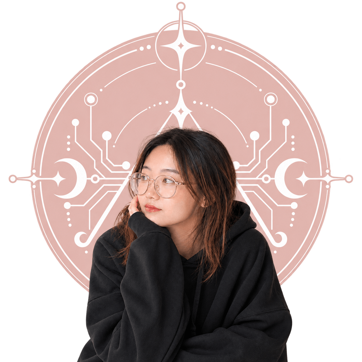 Abie in a black hoodie and clear glasses, resting her face on her hand