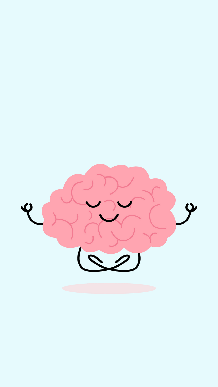 Ravintopsykiatriaa kuvaava piirros: meditoiva aivo hahmo symboloi mielen tasapainoa ja aivojen hyvinvointia.