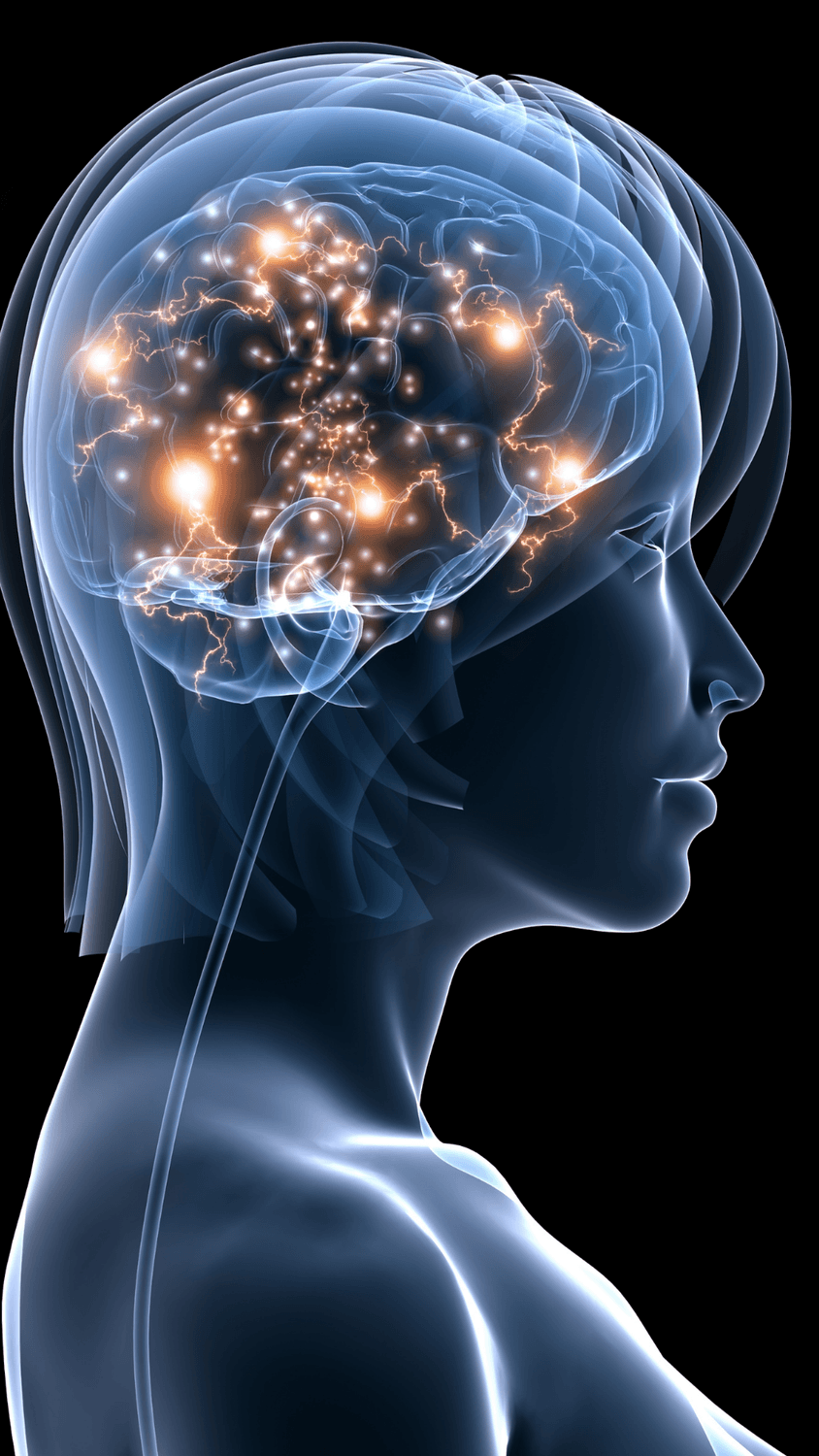 Havainnekuva ihmisen päästä ja aivoista, joissa näkyy hermoverkkojen ja sähköisten impulssien toimintaa symboloivia valopisteitä.