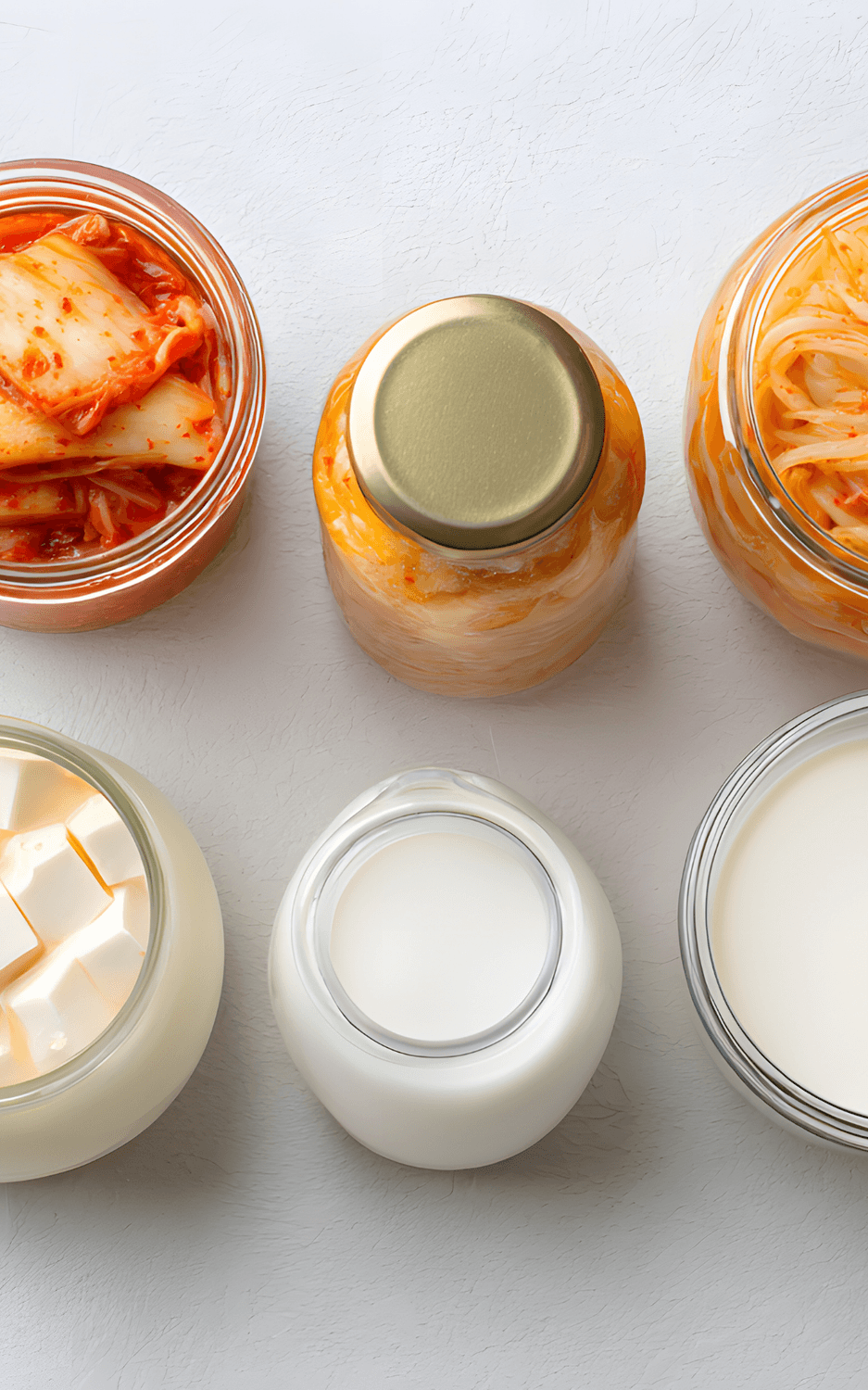 Erilaisia fermentoituja ja maitopohjaisia elintarvikkeita, kuten kimchiä, hapatettuja kasviksia ja jogurttia lasipurkeissa vaalealla pinnalla. Kuva symboloi suoliston mikrobiomin ja ravinnon yhteyttä terveyteen.