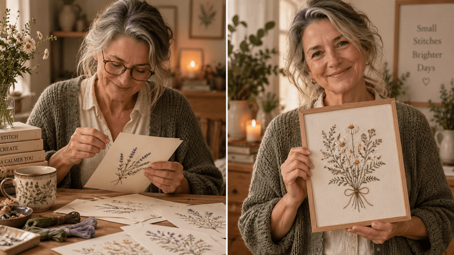 Before and after: overwhelmed by tangled charts, then calm and smiling holding a finished Evening Stitch piece