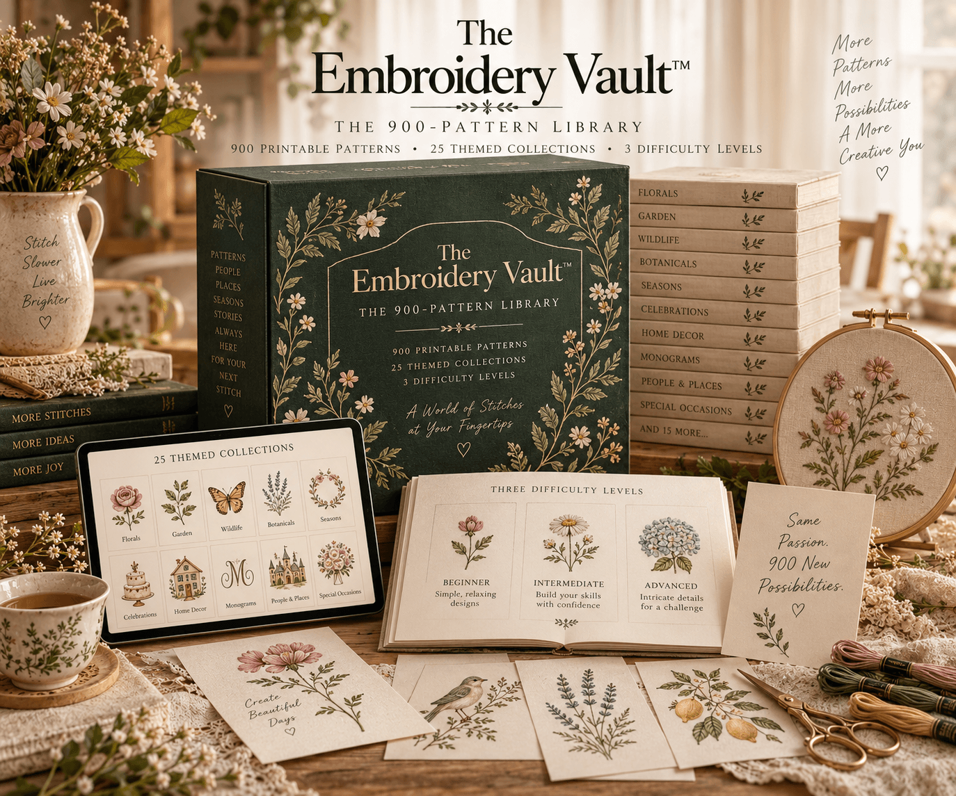The Evening Stitch — the 500-Pattern Library book, an open pattern, a finished framed paper-embroidery piece, pattern cards and floss spools in warm evening light