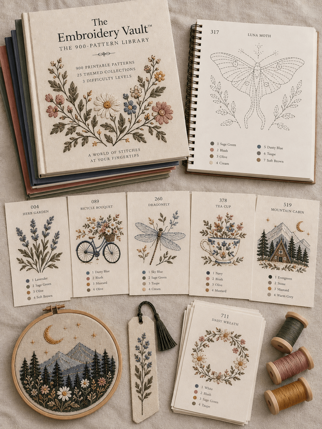 Everything included in The Evening Stitch — the 500-pattern library, Stitch Deck cards, guides and workbook, framed finished paper pieces, tasseled bookmarks, floss and scissors