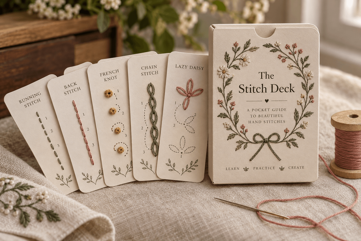 The Stitch Deck — printable stitch-reference cards, needle and floss