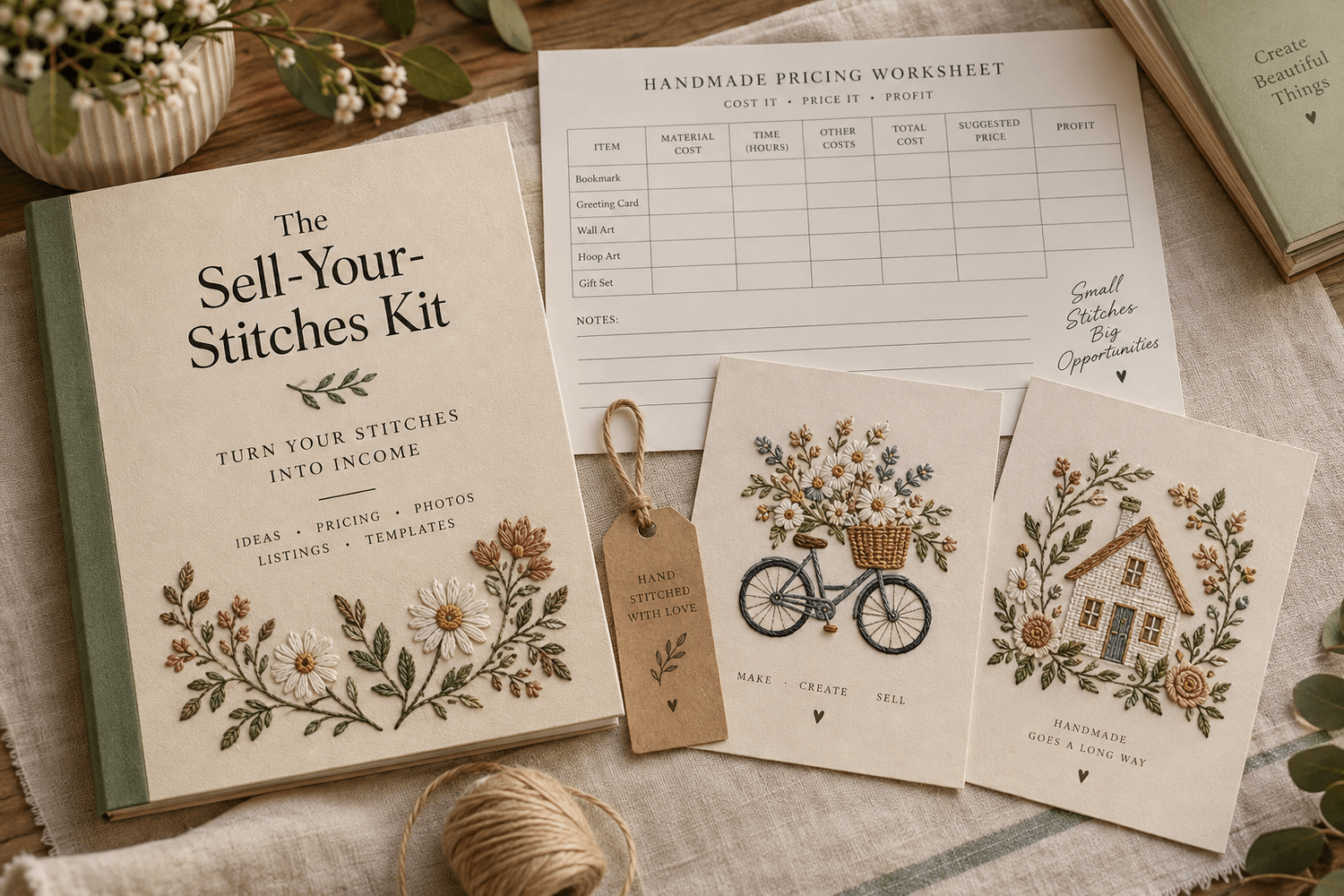 The Sell-Your-Stitches Kit — guidebook, pricing worksheet and price tags
