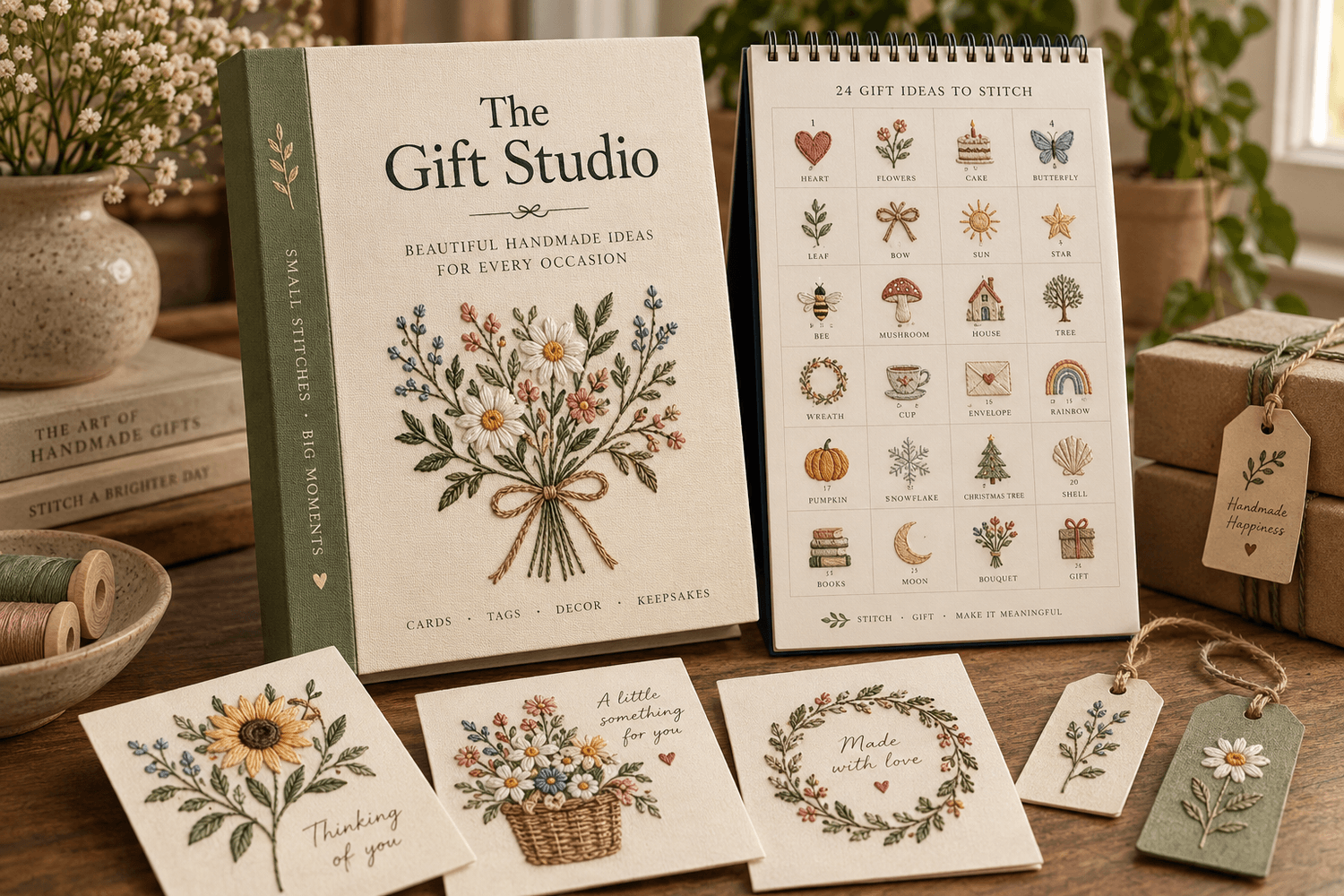 The Gift Studio — a finished piece wrapped as a gift with tag and note cards