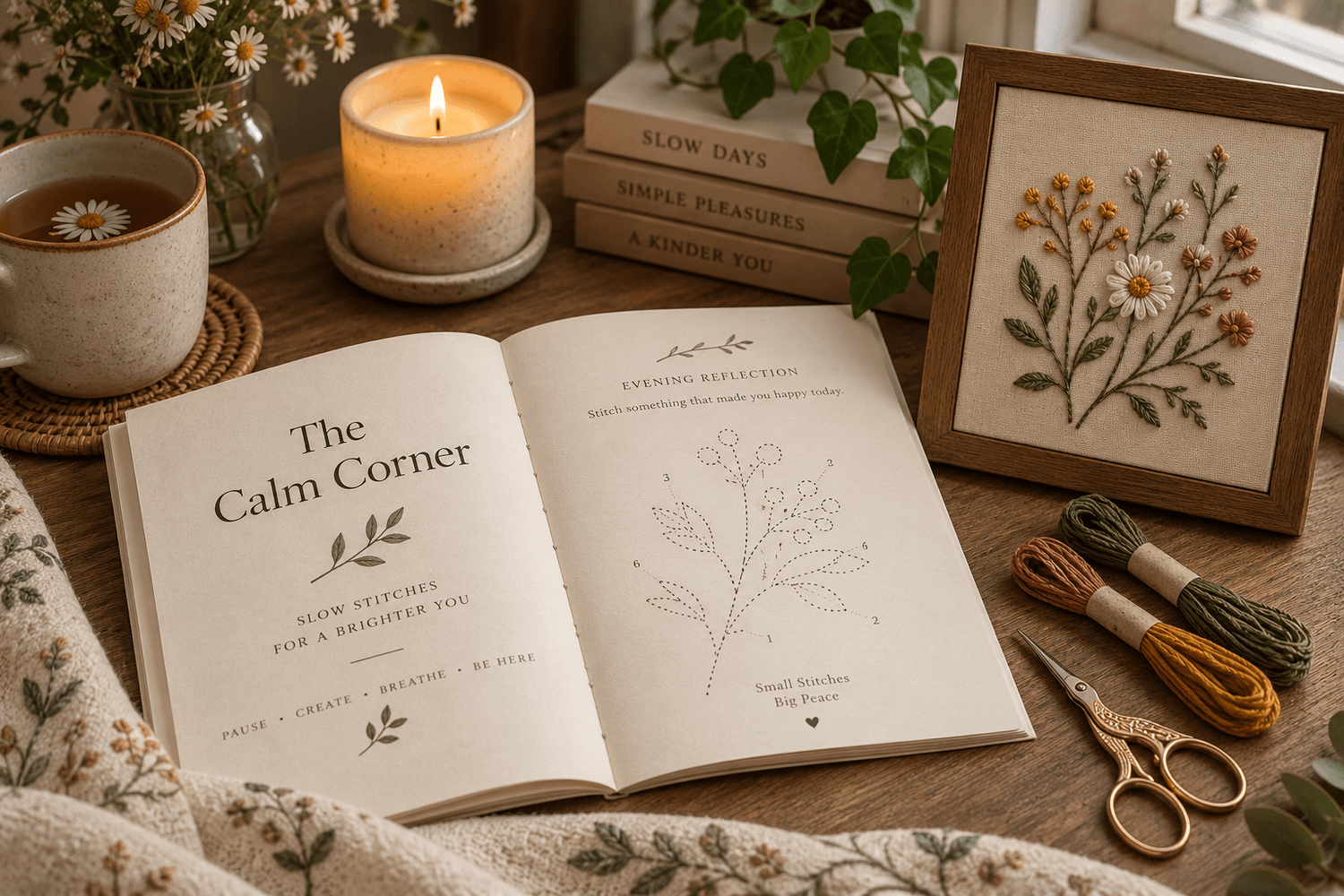 The Calm Corner — open evening workbook by a window with candle, tea and hoop