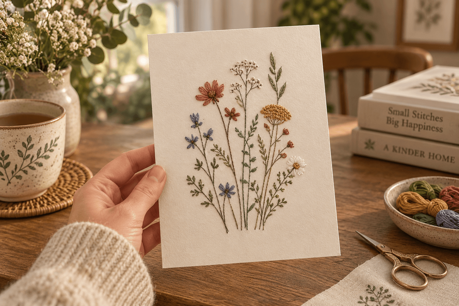 A finished wildflower paper-embroidery card held in hand