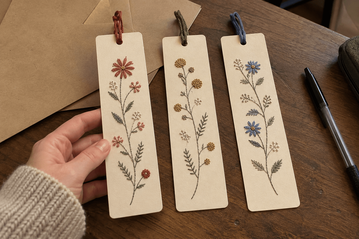 Three finished paper-embroidery bookmarks ready to ship