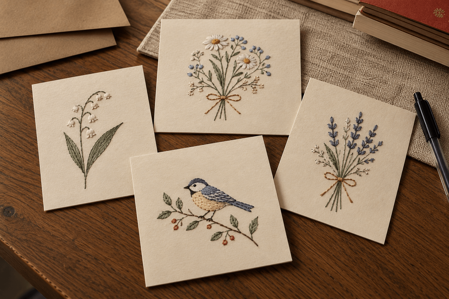 Several small finished paper-embroidery pieces made as gifts
