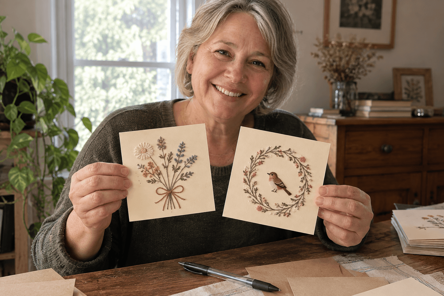 Karen M. with her finished paper-embroidery