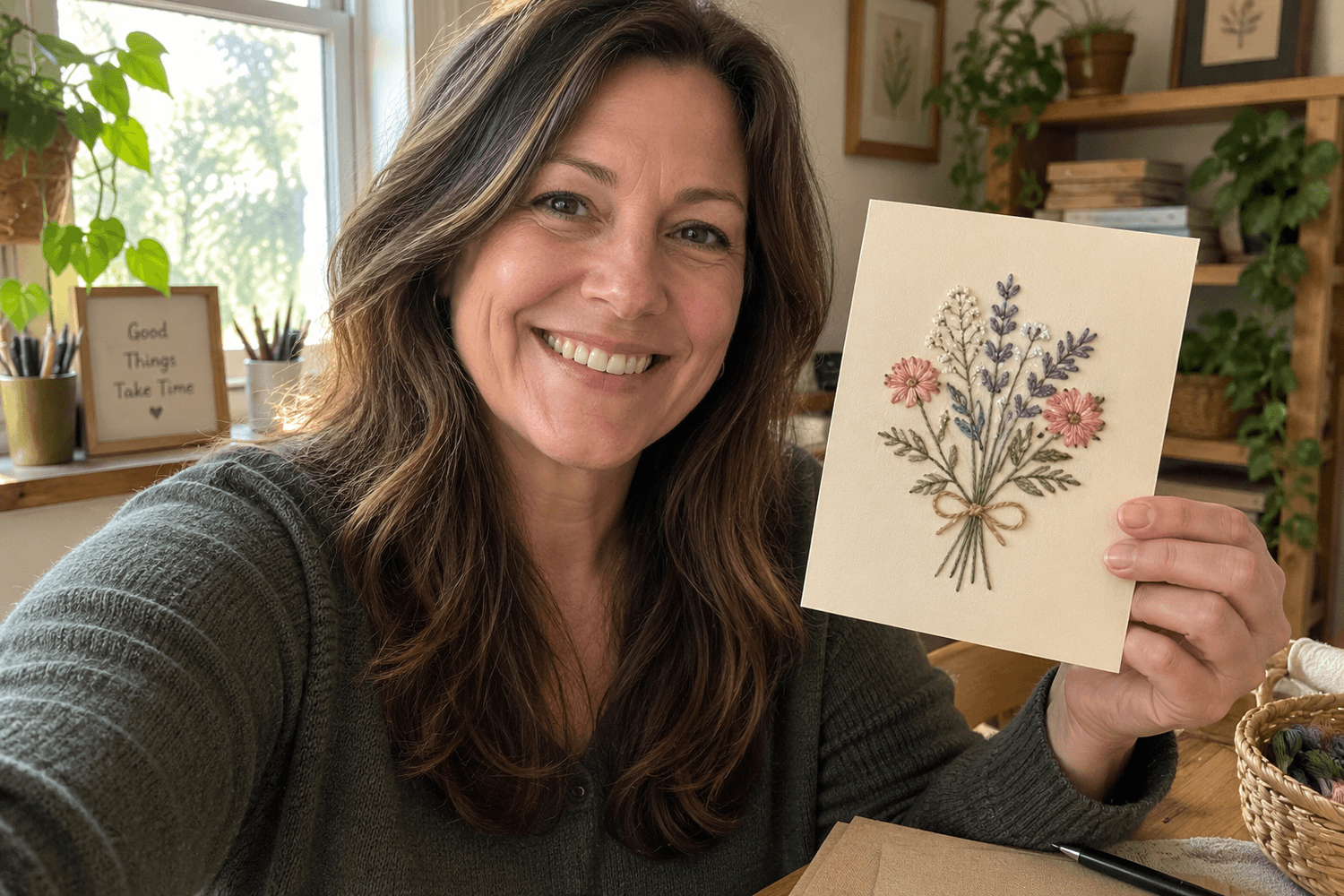 Denise R. with her finished paper-embroidery