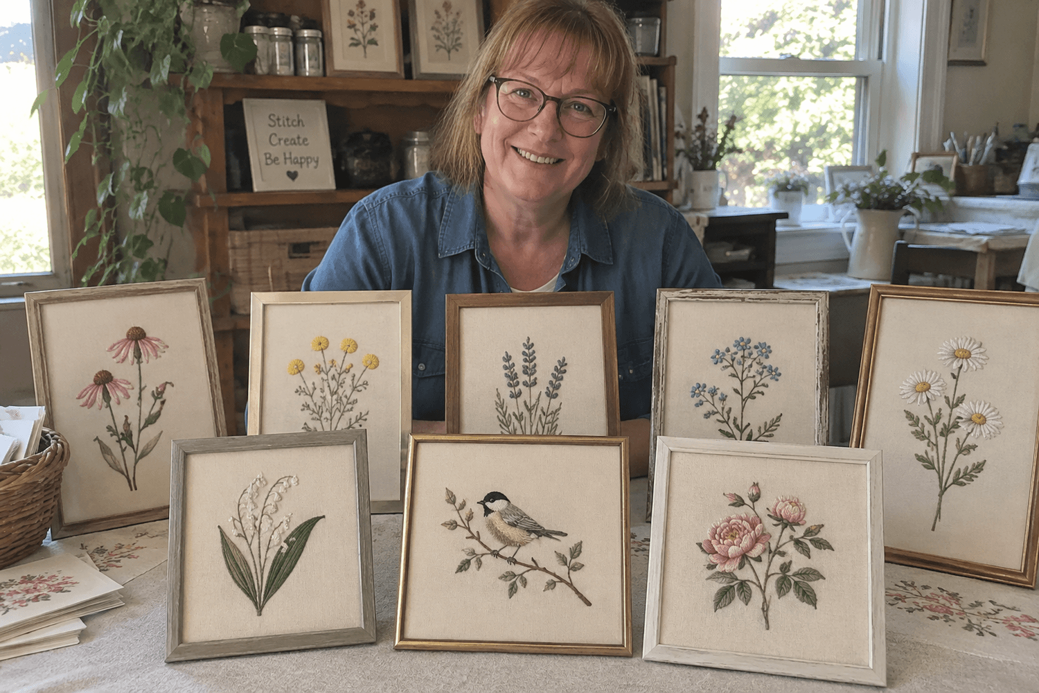 Angela T. with her finished paper-embroidery
