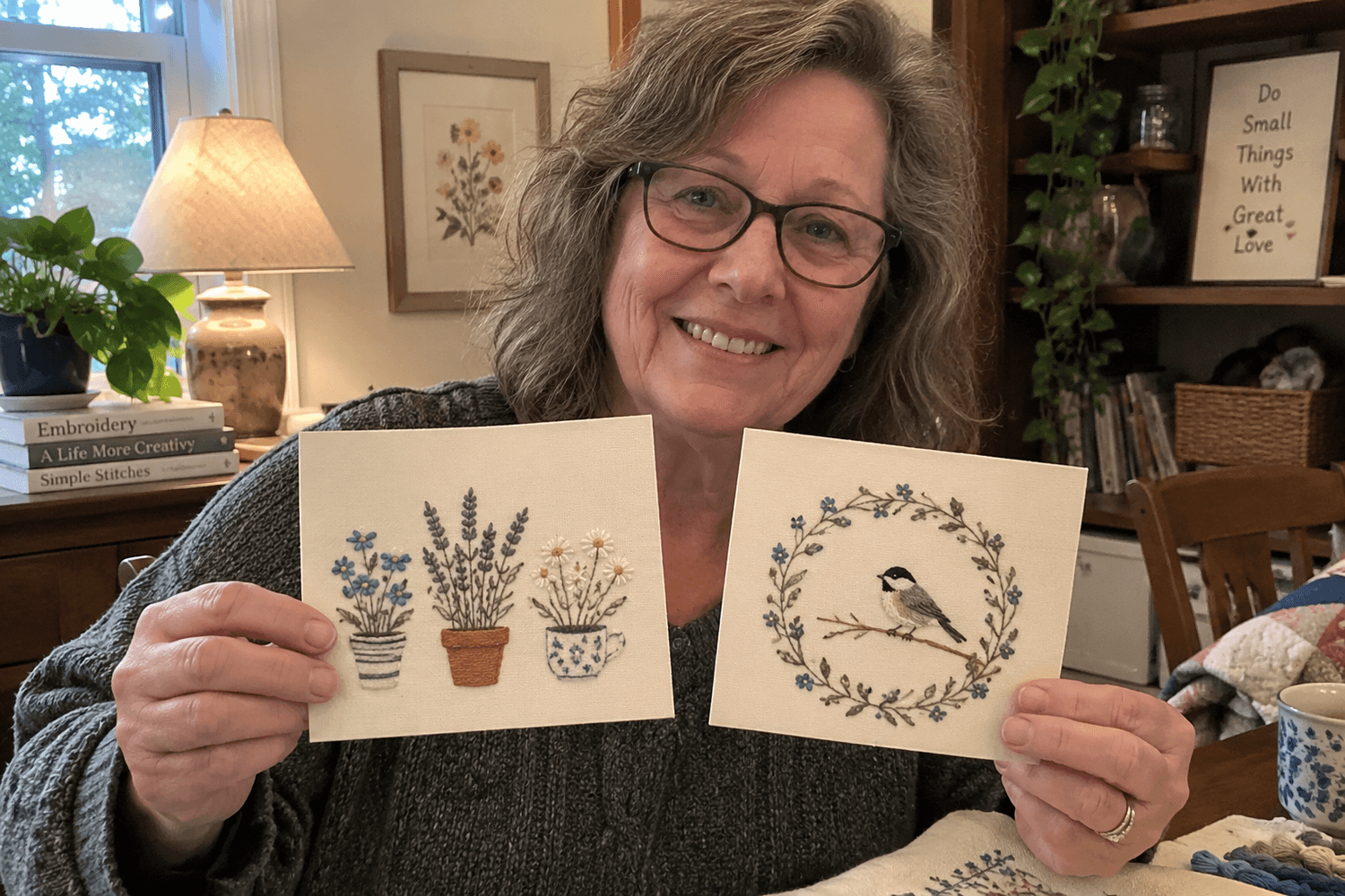 Barbara W. with her finished paper-embroidery