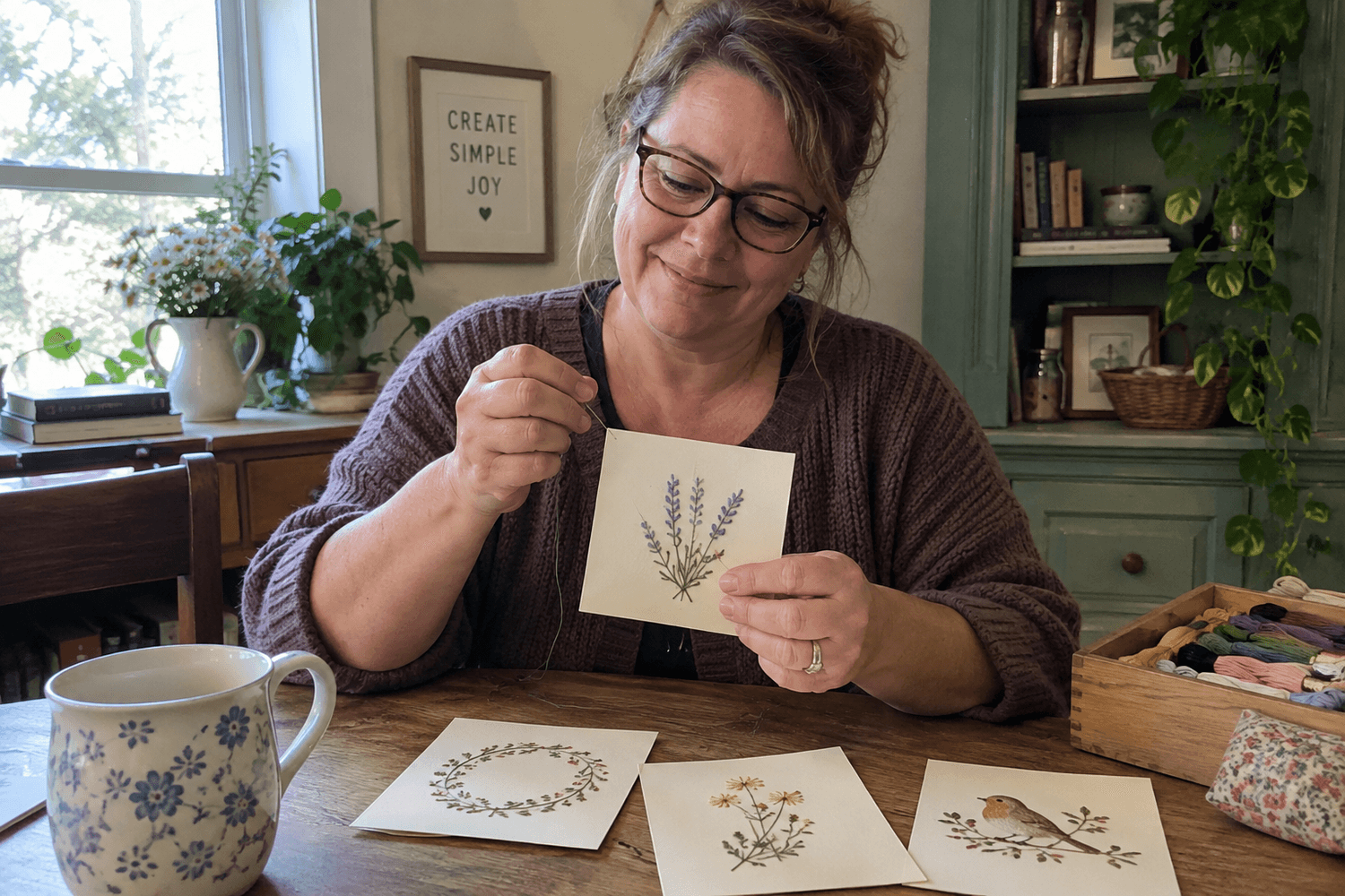 Theresa D. stitching her paper-embroidery card